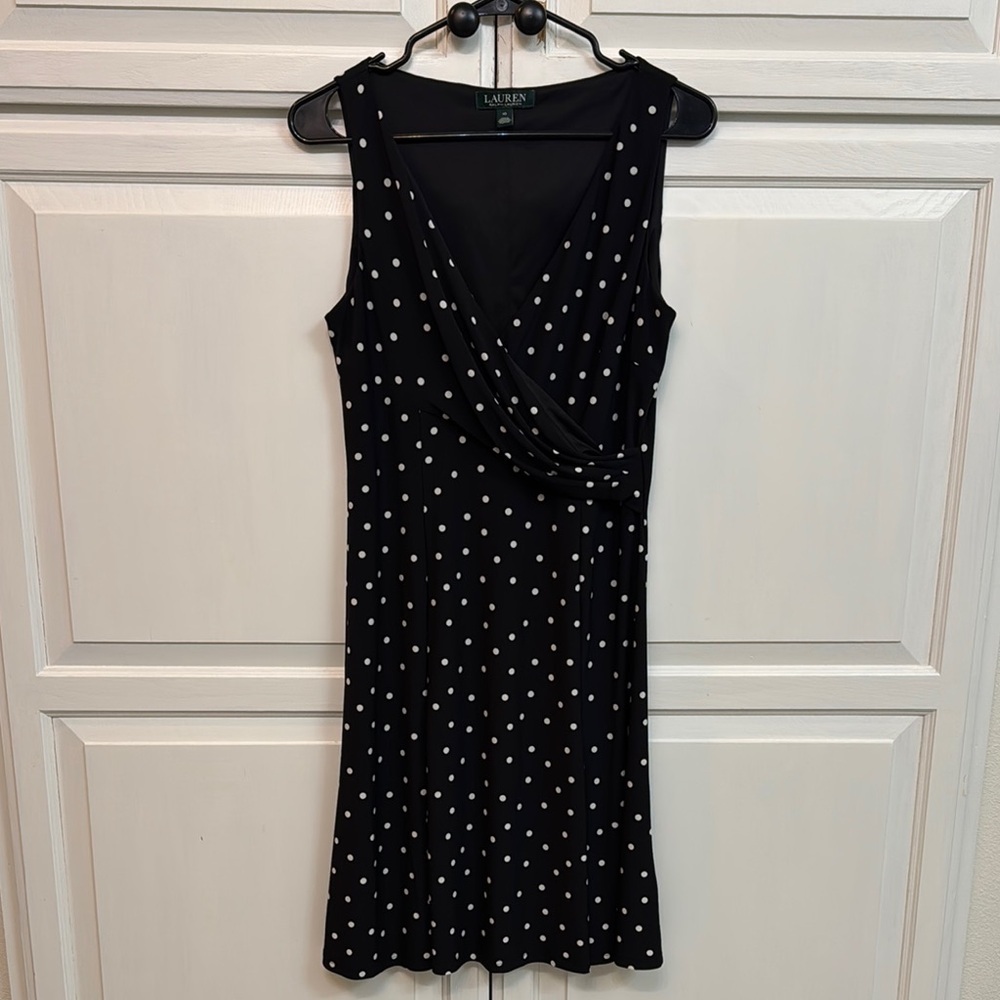 Ralph Lauren Black Polka Dot Midi Dress. Size 10. Stretchy. Classic casual